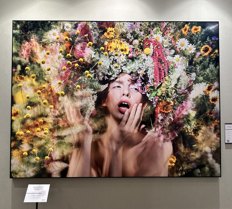 high quality art print example with a woman covered with flowers in her head 