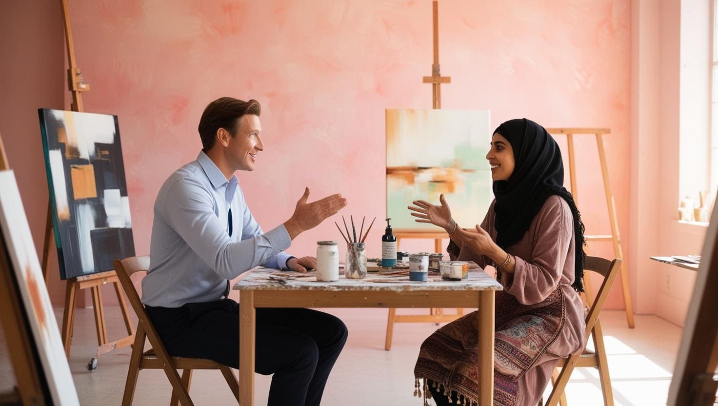 art consultant and painter sitting on the same table